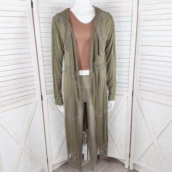 Gimmicks by BKE Buckle Boho Lace Trim Cardigan Duster Olive Green Small - Picture 1 of 11